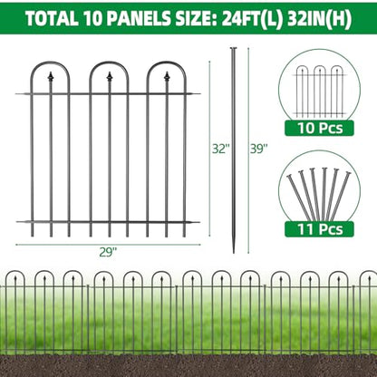 Garden Fence Animal Barrier - 10 Panels, 32 in(H) x 24 ft(L) No Dig Garden Fence, Arched Decorative Garden Fence Border with Ground Stakes, Rustproof Metal Fencing for Yard Patio Dog Rabbit - size: 10 Panels-24 ft(L) X 32 in(H)