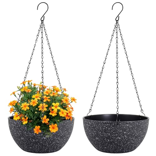 Meowell 10 inch Hanging Planters for Indoor Outdoor Plants, 2 Pack Hanging Flower Plant Pots with Drainage Holes and Chain for Garden Porch, Plastic Hanging Baskets for House Plants, Speckled Black - color: Speckled Black, size: 10inch 2pcs