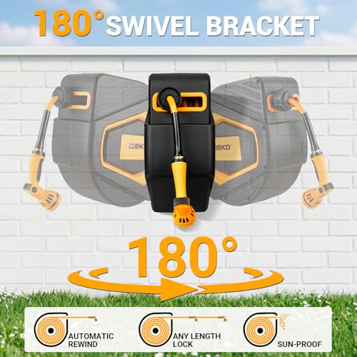 Retractable Garden Hose Reel:100 ft x 1/2 inch, Garden Hose Reel with 9-Pattern Nozzle, 180°Swivel Bracket Wall-Mounted, Automatic Rewind, Lock at Any Length, with Slow Return System