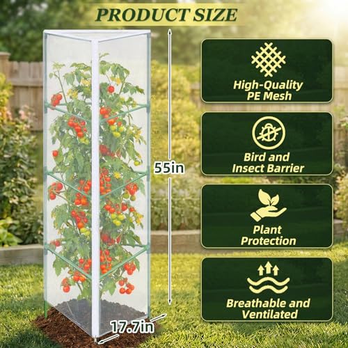 3PCS Garden Bird Netting for Triangle Tomato Cage with Zipper & Drawstring - size: 17.7x17.7x55in