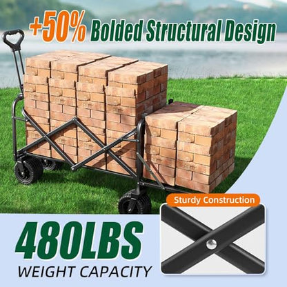 Collapsible Wagon Cart Foldable with Tailgate, 240L 480lbs Capacity, Heavy Duty Beach Wagon with Wheels Brake, Shopping Carts for Grocery, Camping, Garden Cart