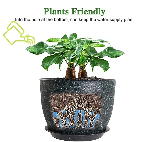 UOUZ 12inch Large Plant Pot, Modern Plastic Planter with High Driange Holes and Saucer for Indoor Outdoor Garden Plants and Flowers, Black with Green Speckles - color: Black With Green Speckles