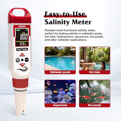 Digital Chlorine Tester for Pool, pH Test kit & Salinity ORP Meter - color: Red