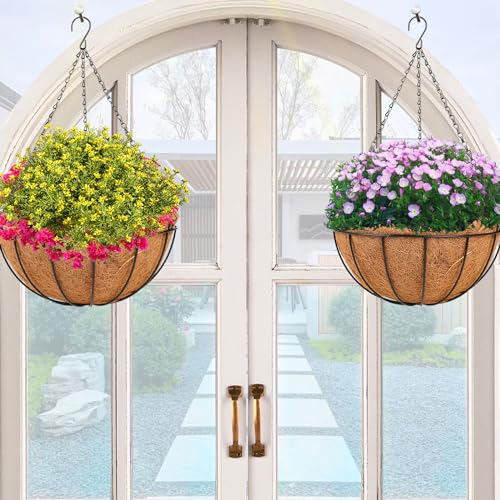 HKZ Hanging Basket Planter Plants Outdoor - 2 Pack 12 Inch Metal Hanging Planter with Coco Liners, Chain Hook Hanging Flower Pots for Indoor Outdoor Garden Porch Decoration - size: 12 Inch