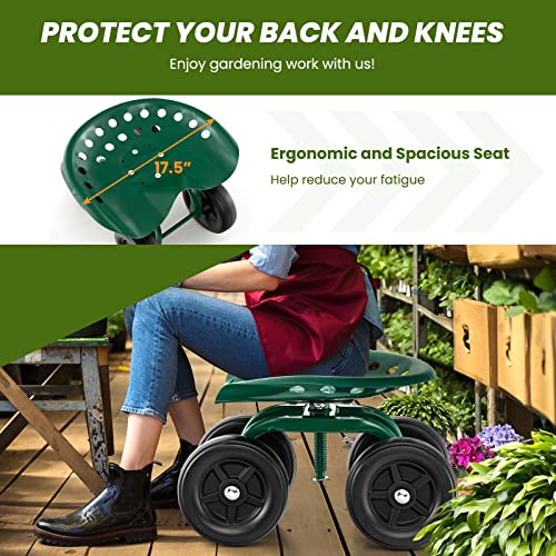 LDAILY Garden Seat with Wheels 11"-16" Adjustable Height for Lawn Planting - color: Green
