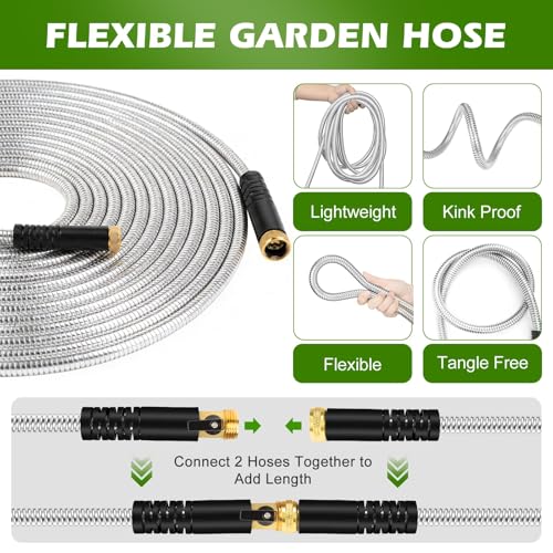 Metal Garden Hose 100 ft Stainless Steel Heavy Duty Water Hose with 10 Function Nozzles Flexible Lightweight Kink-Free Leakproof Sturdy Hoses Pipe 3/4" Brass Fitting for Outdoor Yard Lawn RV - size: 100FT