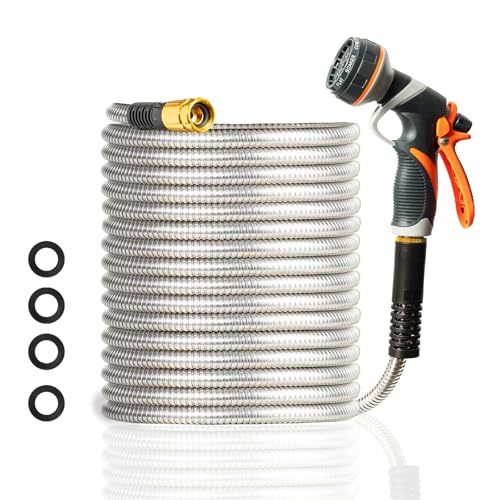 Metal Garden Hose 150FT Heavy Duty Lightweight 304 with Brass Nozzle,Durable Fittings,No Kink & Tangle,Puncture Resistant,Easy to Use & Store for RV,Outdoor, Yard,Ligh (150ft) - size: 150ft