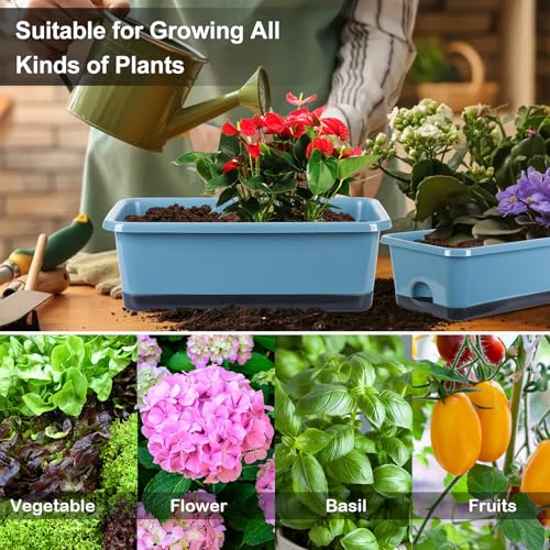 Oliz Window Box Planter 6 Pcs, 17 Inches Rectangle Flower Pots with Drainage Holes and Trays, Vegetable Planters for Windowsill Patio Garden Balcony Home Indoor Outdoor (Blue, 18 * 10 * 6 inch) - size: 18*10*6 inch