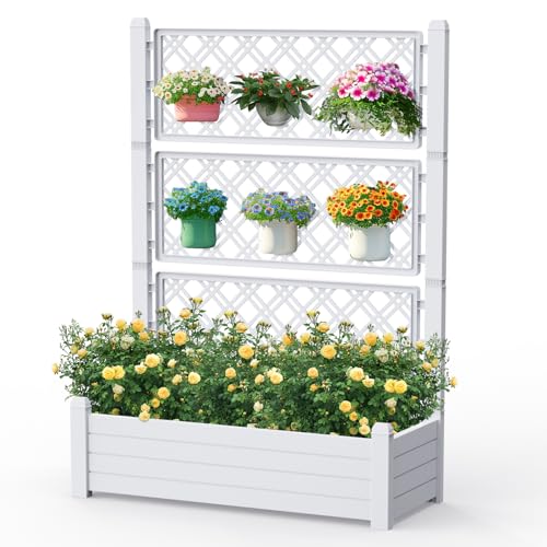 Vixzen 59" Tall Raised Garden Bed,Outdoor Large Resin Planter Box with Trellis and Drain Plug for Climbing Plants,Easy to Assemble,Water Monitor (Ashen, 43.43"×18.27"×59.29") - color: Ashen, size: 59.3"h