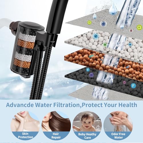 Shower Head with Handheld, High Pressure 5 Functions Handheld Shower Head with 59" Extra Long Stainless Steel Hose & Adjustable Bracket, Built-in Waterfall - color: Matte Black, style: With Filter