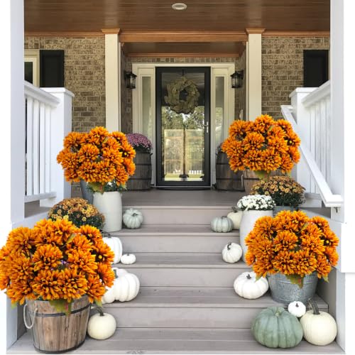 Artificial Fall Flowers Fake Mums for Outdoor, 6 Pack 30 Heads Artificial Chrysanthemums UV Resistant Faux Fall Flower for Front Porch Halloween Diwali Cemetery Indoor Outside Decor (Burnt Orange) - color: Burnt Orange