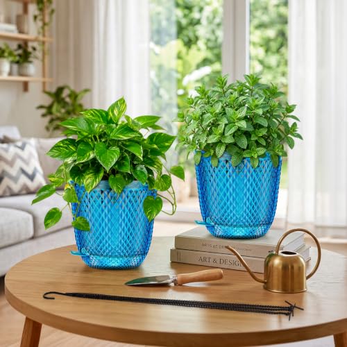 QCQHDU Self Watering Hanging Planters Flower Pots for Indoor Plants,7.2 Inch Hanging Planter Basket,Plastic Plant Hanger with Drainage Holes and 3 Hooks for Outdoor Window Garden Balcony, (Blue)2 Pack - color: Blue, size: 7.2"+7.2"