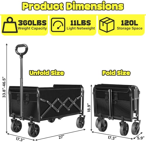 Collapsible Wagons Carts Foldable, 360lbs Folding Wagon Cart with Wheels - color: Classic Black