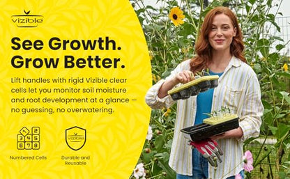 Vizible 16-Cell Seed Starting Tray Caddy | Reuseable Clear Cell Design | Perfect for Vegetables Including Tomatoes and Peppers, Flowers and Herbs (Cosmos Yellow) - color: Cosmos Yellow