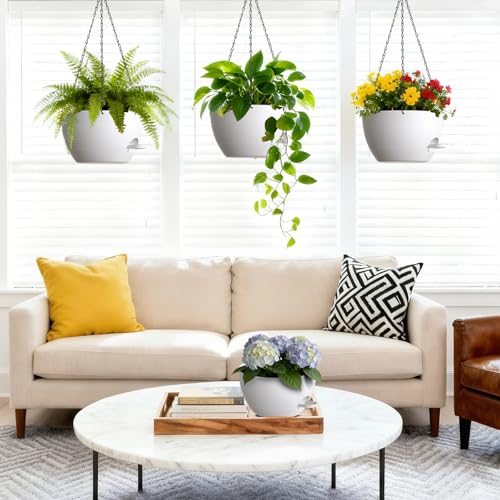 UOUZ Set of 3-10 Inch Self Watering Hanging Planters for Indoor Outdoor，Hanging Plant Pots with Drainage & Removable Tray, Hanging Pots for Pothos Plant, Spider Plants, Ferns, Balcony & Patio, White - color: White, size: 10inch-3pack