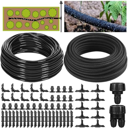 Drip Irrigation System Kit Garden Watering System 200ft 1/4 Inch Soaker Hose 100ft 1/4 Inch Drip Irrigation Tubing with Distribution Tubing and Accessories for Garden Greenhouse Patio Lawn