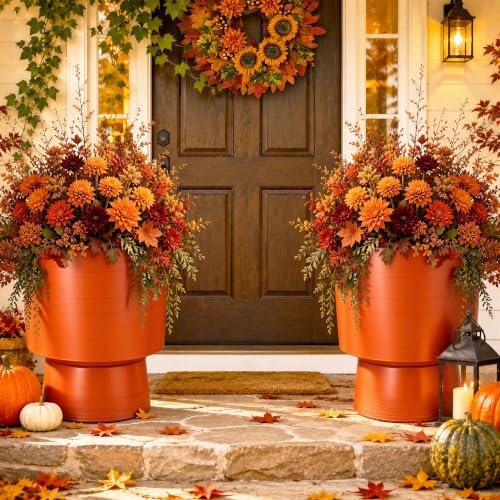 16.8" Planters for Outdoor Plants, Large Urn Flower pots S/2 - color: 16.8"-orange Linear Texture