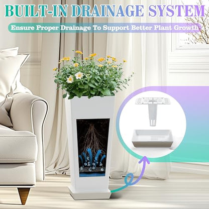 TUYOHW 24 Inch Tall Tapered Square Planters (Set of 2) - Indoor Outdoor Large Flower Pots with Built-in Drainage & Matching Water Tray for Patio, Garden, Home - White - color: White