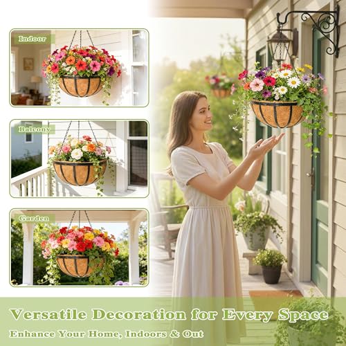 14 Inch Black Flat Iron Metal Hanging Planter Basket with Coco Coir Liner(4 Pack) Hanging Planters for Outdoor Plants Hanging Baskets for Plants Flower Pots for Deck Patio Porch Garden Balcony - size: 14 Inch