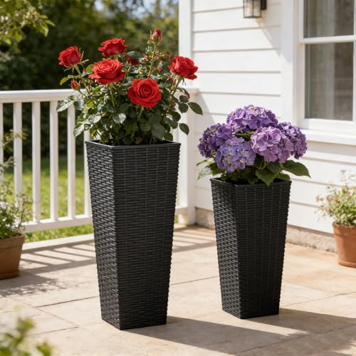 Festnight 24in Tall Planters for Outdoor Plants, Outside Black Planters Set of 2, Resin Front Porch Planters, Outdoor Planters for Porch Backyard Patio, Garden Flower Pots, 11.69x11.69x32.28in - size: 8.94x8.94x23.82in