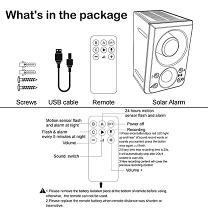 Solar Outdoor Motion Sensor Alarm - Dog Barking & Gunshot Sound 130db Motion Detector Alarm Light,with Remote Controller for Home, Villa,Yard,Chicken coop,Farm,Barn