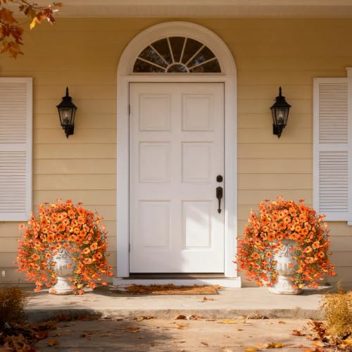 INQCMY Artificial Fall Flowers for Outdoors Faux Mums UV Resistant - color: Red Orange