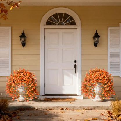 INQCMY Artificial Fall Flowers for Outdoors Faux Mums UV Resistant - color: Red Orange