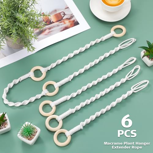 6 Pack Adjustable Macrame Plant Hanger Extender Handmade Woven Hanging Basket Extenders Connectable Rope Hanging Extension with Wooden Ring for Indoor Outdoor Plant Pot Holder - color: Beige
