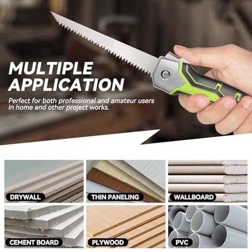 Auto Dynasty Folding Handsaw with Triple Ground Teeth, Drywall Saw, Oil-Resistant Comfort Grip for Drywall, Wallboard, Plywood, Sheetrock, Plasterboard, Green - style: Folding Wallboard Saw
