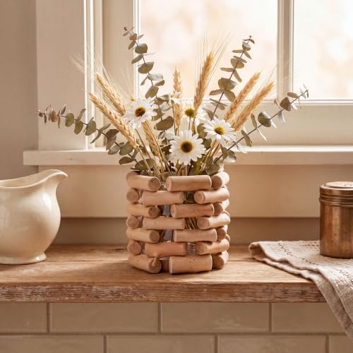 Farmhouse Solid Wood Openwork Vase - with 3.5 Inch Borosilicate Glass Liner, Indoor Tabletop Decor, Versatile Floral Container for Fresh & Dried Flowers, Hydroponics and Mini Potted Plants