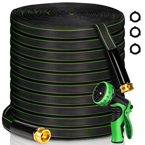 Garden Hose 100 ft Water Hose Flexible Heavy Duty Outdoor Lightweight No Kink Long Non-Expandable High Pressure Flat Hoses Pipe 100’ Strong 3/4’’ Brass Fitting for Outside Yard Lawn Car Wash - size: 100FT