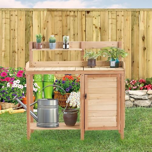 42" Outdoor Potting Bench with Sink, Wooden Potting Table with Sliding Tabletop, Storage Cabinet & Bottom Shelf, Garden Work Bench for Patio Backyard Porch, Natural
