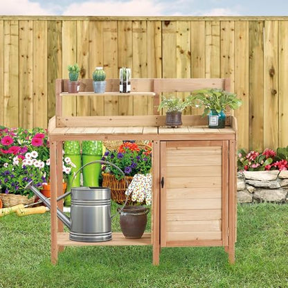 42" Outdoor Potting Bench with Sink, Wooden Potting Table with Sliding Tabletop, Storage Cabinet & Bottom Shelf, Garden Work Bench for Patio Backyard Porch, Natural
