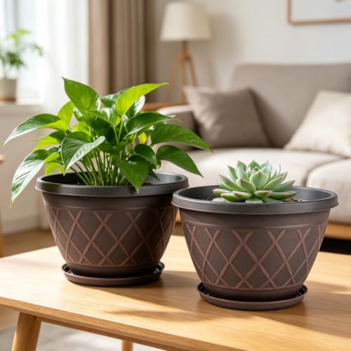 6 Pack 8 Inch Plant Pots, Planters with Drainage Holes & Saucers - color: Plaid Pattern-brown, size: 8 Inch - 6Pack