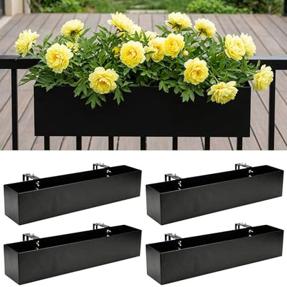 LaLaGreen Railing Planter Box (24 Inch, 4 Pack) Black Metal Rectangular Hanging Flower Boxes with Brackets, Deck Railings Planters for Outdoor Plants Fence Over Rail Balcony Patio Porch Stylish Garden - size: 24" x 4 Pack