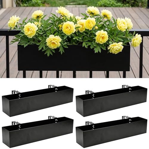 LaLaGreen Railing Planter Box (24 Inch, 4 Pack) Black Metal Rectangular Hanging Flower Boxes with Brackets, Deck Railings Planters for Outdoor Plants Fence Over Rail Balcony Patio Porch Stylish Garden - size: 24" x 4 Pack