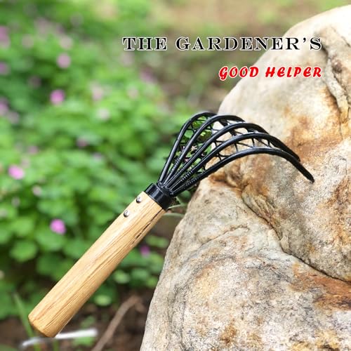 Garden Rake 5-Claw Landscape Dethatcher Thatching Beach Combing Rake for Digging Clam Shell Defoliation Hoe Garden Tool for Loosen The Soil (Brown) - color: Brown