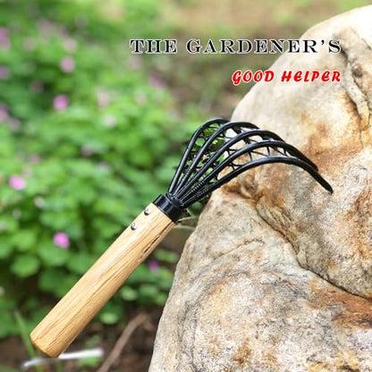 Garden Rake 5-Claw Landscape Dethatcher Thatching Beach Combing Rake for Digging Clam Shell Defoliation Hoe Garden Tool for Loosen The Soil (Brown) - color: Brown