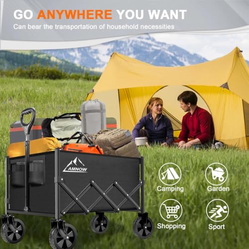 AMNOW 100L Collapsible Wagon Cart with All Terrain Wheels, 350LBS, Black - color: Black-6