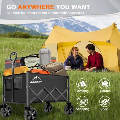AMNOW 100L Collapsible Wagon Cart with All Terrain Wheels, 350LBS, Black - color: Black-6