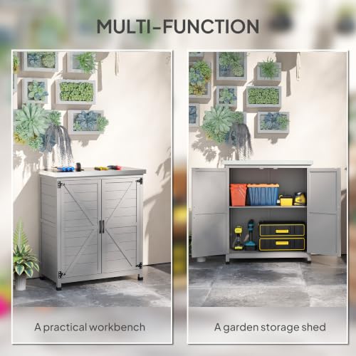 Outsunny Outdoor Storage Cabinet with Metal Tabletop Shelves Gray - color: Gray