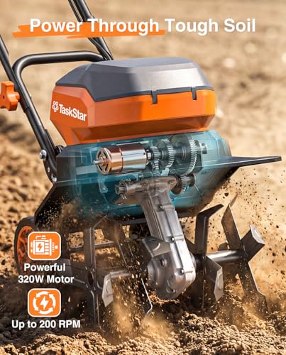 12 Inch Electric Tiller Cultivator, 40V Cordless Tiller for Gardening with 2 * 5.0 Ah Batteries, 8 Inch Depth Rototillers Battery Powered with Adjustable Wheels for Lawn Yard Weeding Soil Cultivation - size: 12"x8"