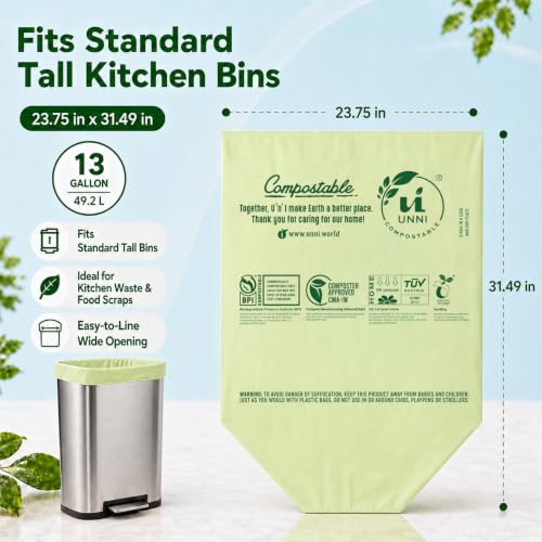 UNNI Compostable Bags, 13 Gallon, 50 Count, 49.2 Liter, Extra Thick 0.9 Mil - size: 50 Count (Pack of 1), style: 13 Gallon