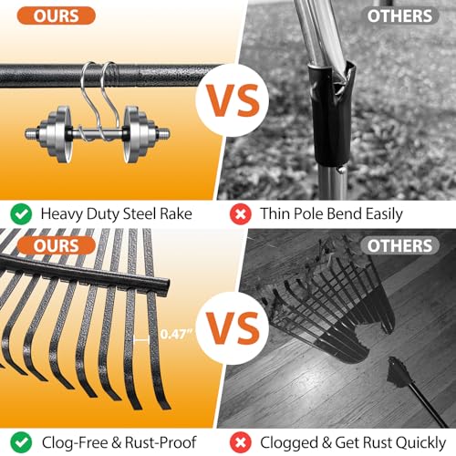 Rake for Leaves Heavy Duty, Large Garden Leaf Rakes for Lawns, 65 Inch Gardening Rake with Back-Saving Long Handle, 18.5” Wide 25 Tines Head for Quick Cleanup Yard Grass Clippings, Anti-Rust - size: 5 ft Rake