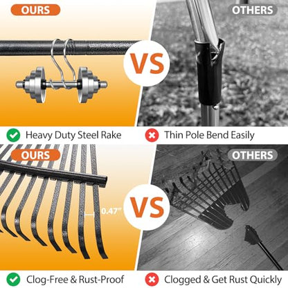 Rake for Leaves Heavy Duty, Large Garden Leaf Rakes for Lawns, 65 Inch Gardening Rake with Back-Saving Long Handle, 18.5” Wide 25 Tines Head for Quick Cleanup Yard Grass Clippings, Anti-Rust - size: 5 ft Rake
