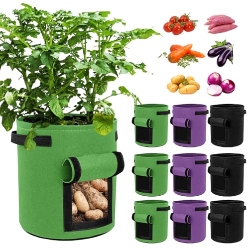 9 Pack Grow Bags Bulk Heavy Duty Thickened Fabric Pots Nonwoven Plant Bags with Handles, Breathable Plant Growing Containers Bags for Garden Fruit Vegetable Flower 3 Color (10 Gallon)