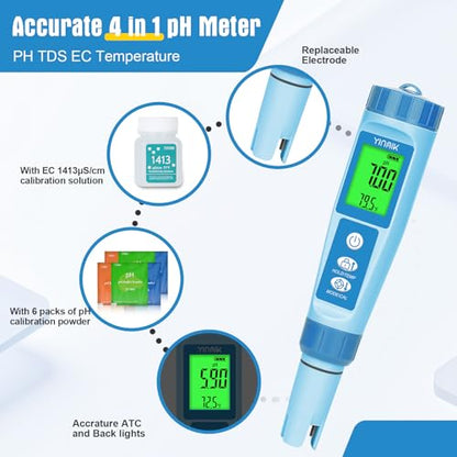YINMIK Water pH Meter, Digital 4 in 1 pH Temp EC TDS Meter for Hydroponics - color: Blue