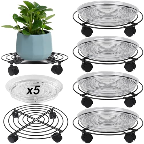 5-Pack Metal Plant Caddy 11.8" Dolly with Wheels - Heavy-duty Wrought Iron Rolling Plant Stand with Casters for Indoor and Outdoor Use - Black, Plastic Saucers Included - color: Balck