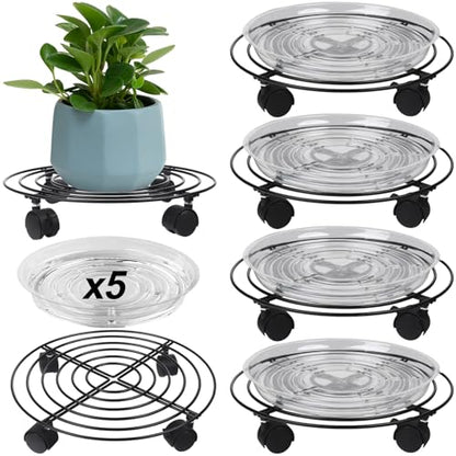 5-Pack Metal Plant Caddy 11.8" Dolly with Wheels - Heavy-duty Wrought Iron Rolling Plant Stand with Casters for Indoor and Outdoor Use - Black, Plastic Saucers Included - color: Balck