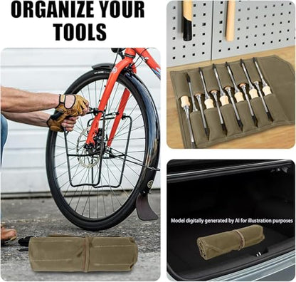 Chisel Roll, 6 Pockets Roll Up Tool Pouch, Waxed Canvas Small Tool Roll - color: 12-Khaki